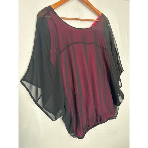 Express Women’s Sheer Overlay Blouse Black Chiffon Pink Tank Batwing Top Medium - Picture 4 of 9
